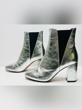 Rebecca Minkoff Womens Serena Silver Metallic Leather Block Heel Bootie Boot NWT